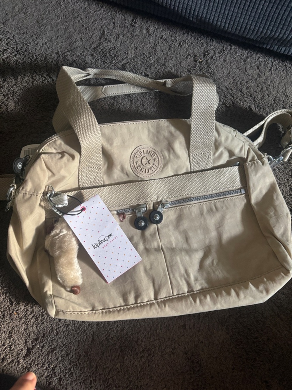 Kipling Light Beige Nylon Shoulder Bag with Monkey Charm